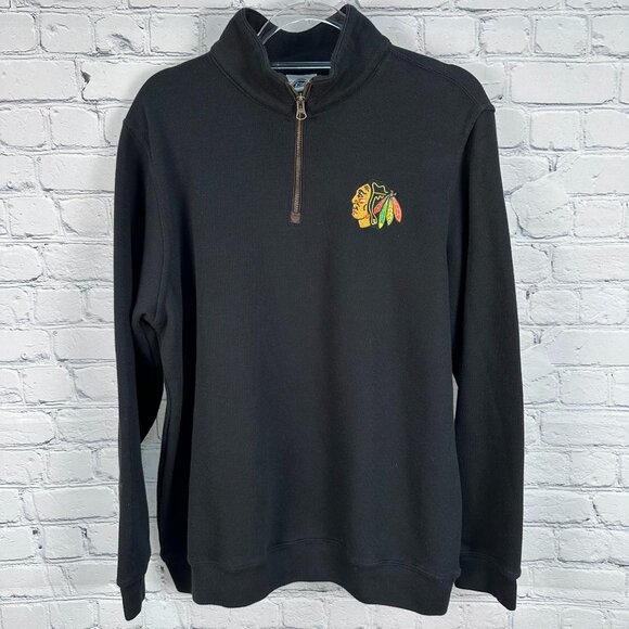 NHL Chicago Blackhawks Hockey Logo 1/4 Zip Pullover Ribbed Sweater Size XL Black - Picture 3 of 12